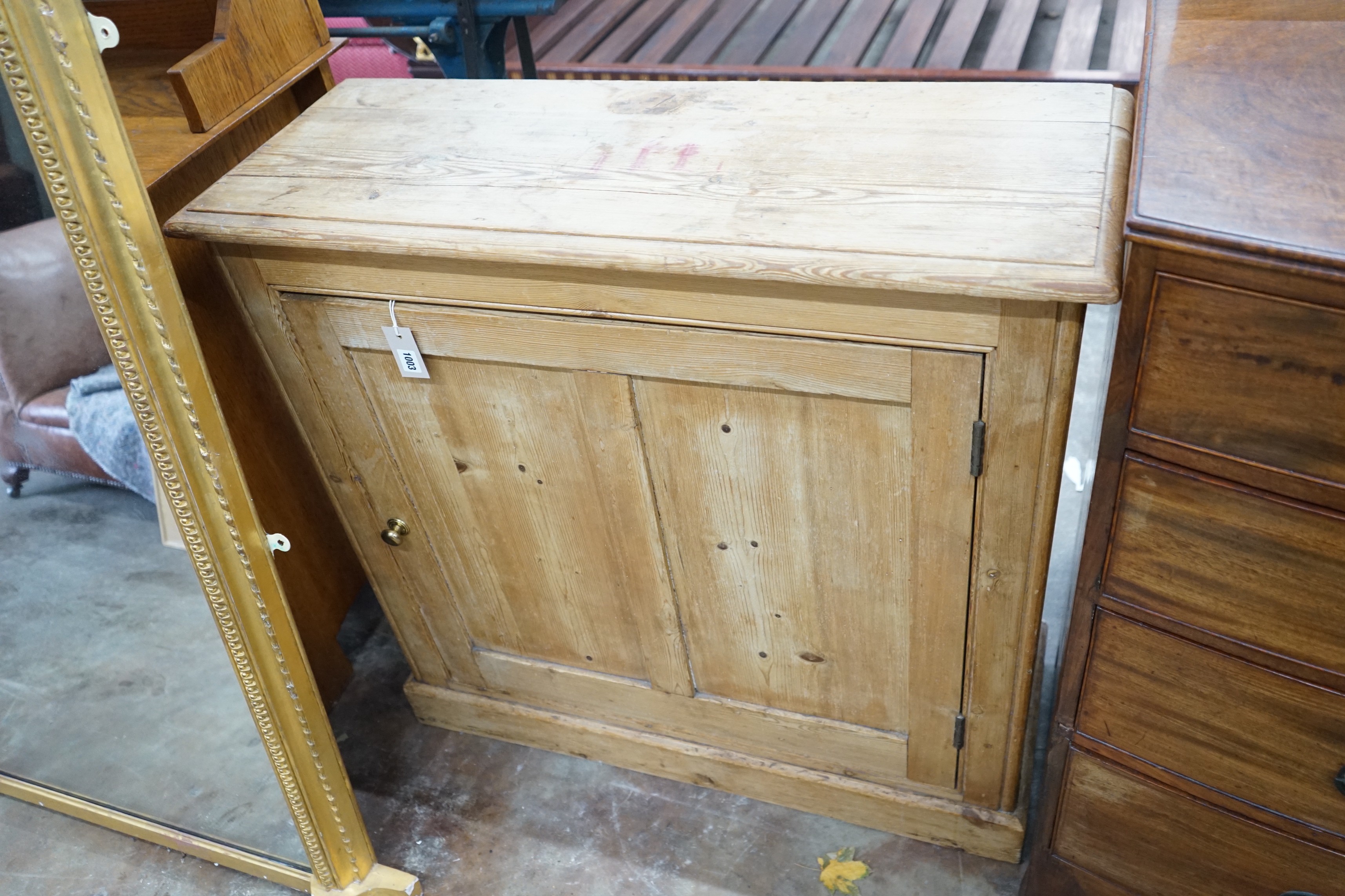 A Victorian panelled pine single door side cabinet, width 96cm, depth 35cm, height 94cm